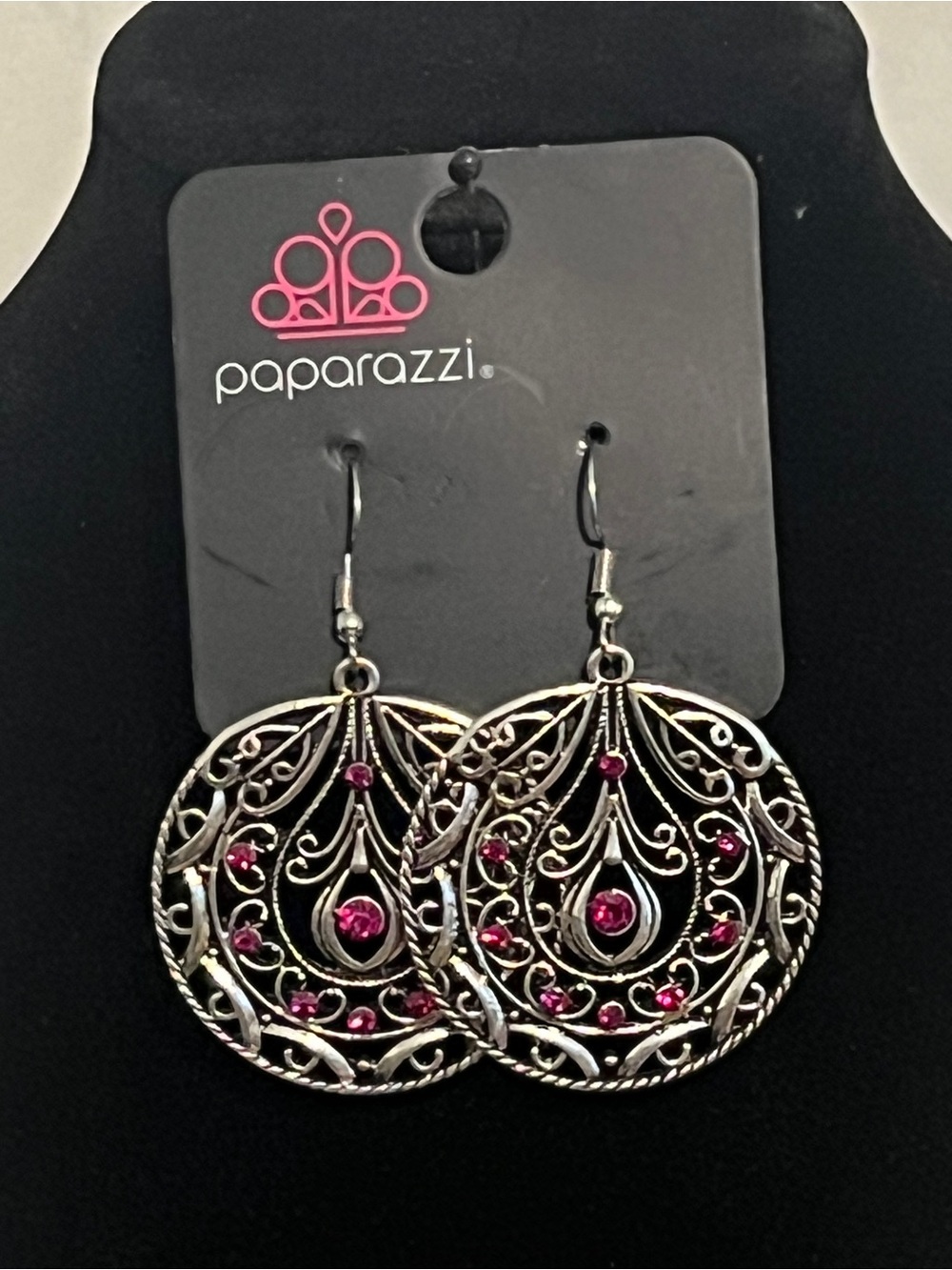 Paparazzi Silver Filigree Drop Earrings with Pink Gems